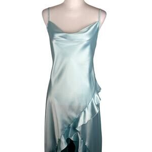 Mint Satin Ruffle Hi-Low Slip Dress | Cowl Neck Prom Nightgown | Size Large